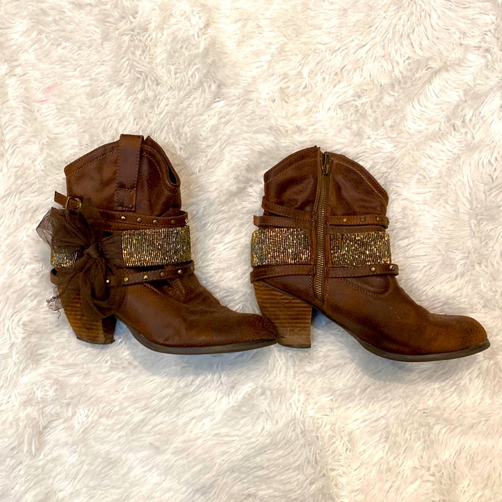 Not Rated Brown and Gold Booties. Vegan Leather. Bows and beaded embellishments